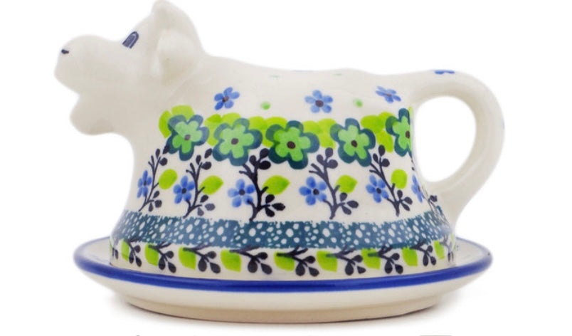Ceramika Artystyczna Polish Pottery, Unikat Green Chrysanthemums, Cow Butter Dish