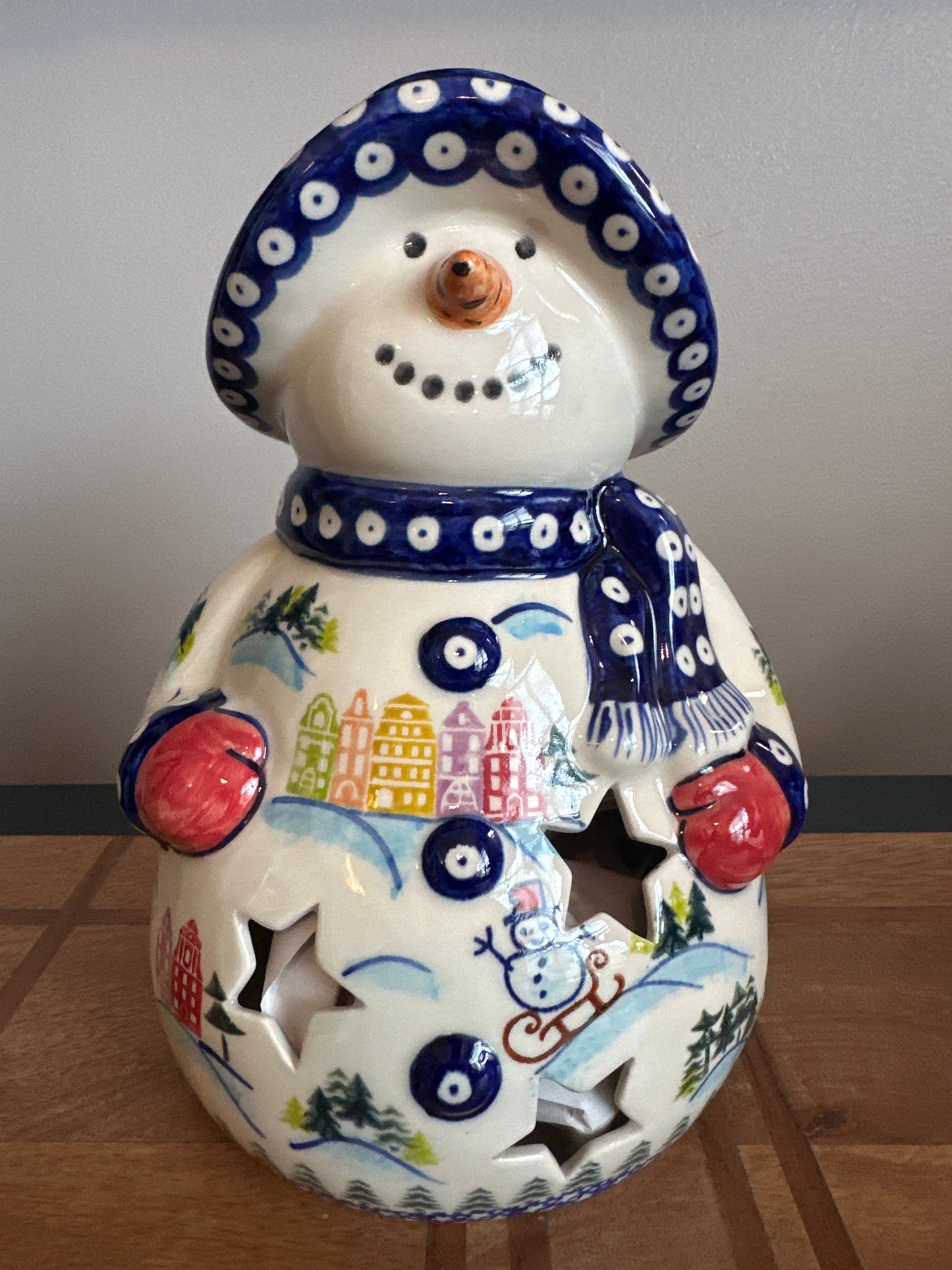 Vena Polish Pottery Snowman Sleigh Colored Houses Carrot Nose Luminary Snowman