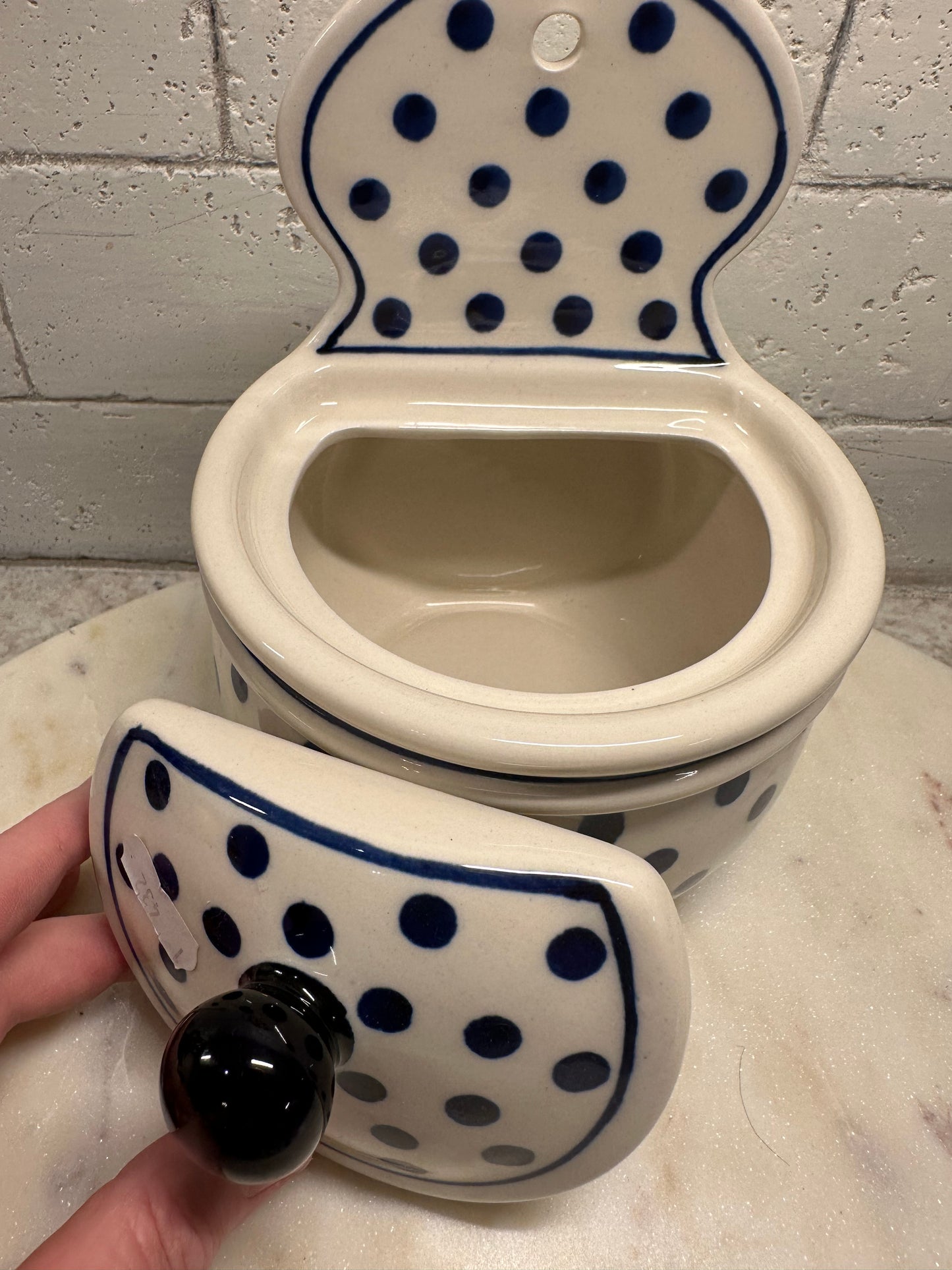 Zaklady Polish Pottery, Blue Polka Dot, Hanging Salt Cellar