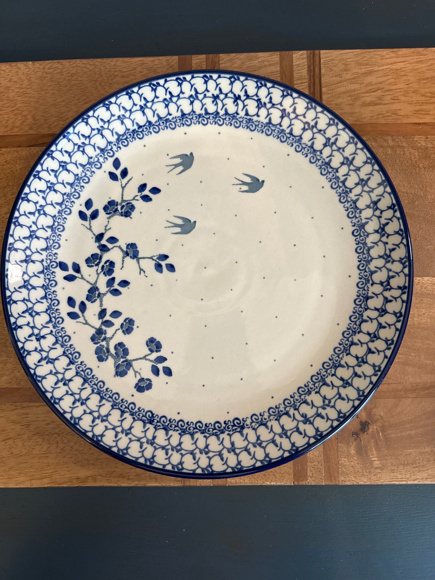 Ceramika Artystyczna Polish Pottery Birds and Blue Flowers Dinner Plate
