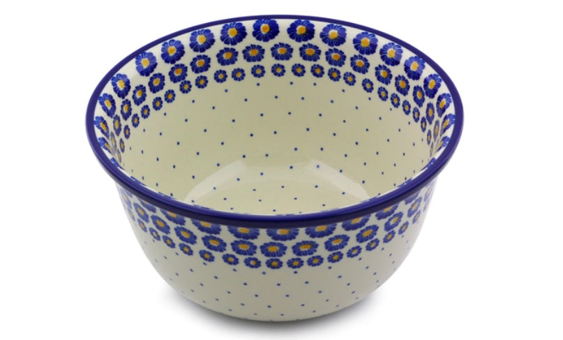 Ceramika Artystyczna Polish Pottery, Blue Zinnia, Large Mixing/Serving Bowl 11"