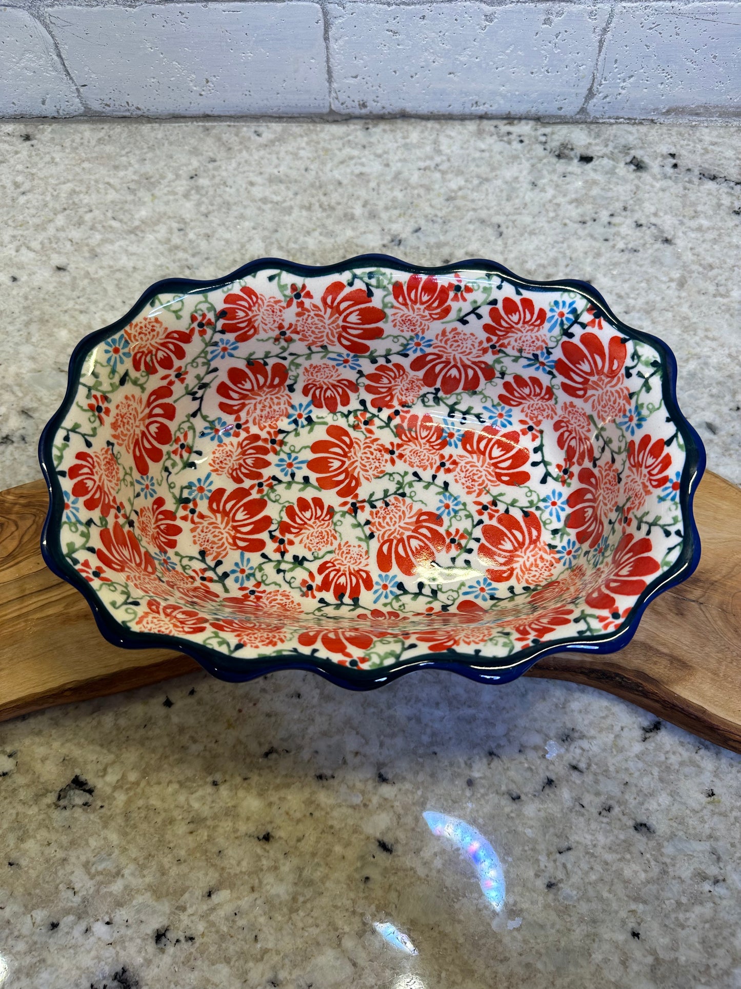 Zaklady Polish Pottery, Flower Parade, Ruffled Baker/Serving Bowl
