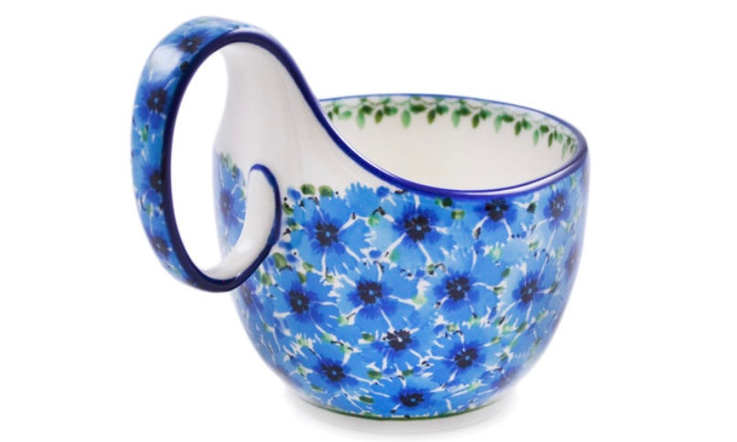 Ceramika Artystyczna Polish Pottery, Unikat Blue Bachelor Buttons, Loop Soup Mug/Bowl