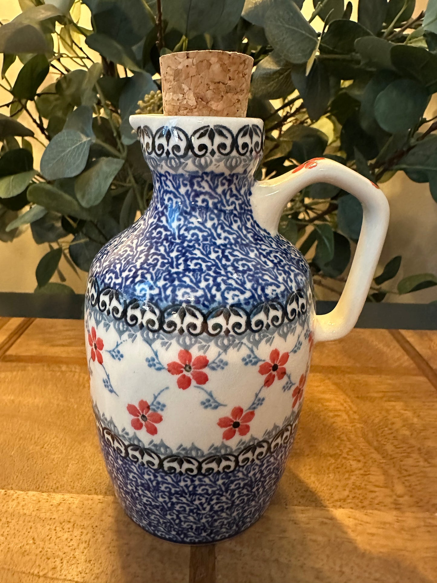 Ceramika Artystyczna Polish Pottery, Red Forget Me Nots, Bottle