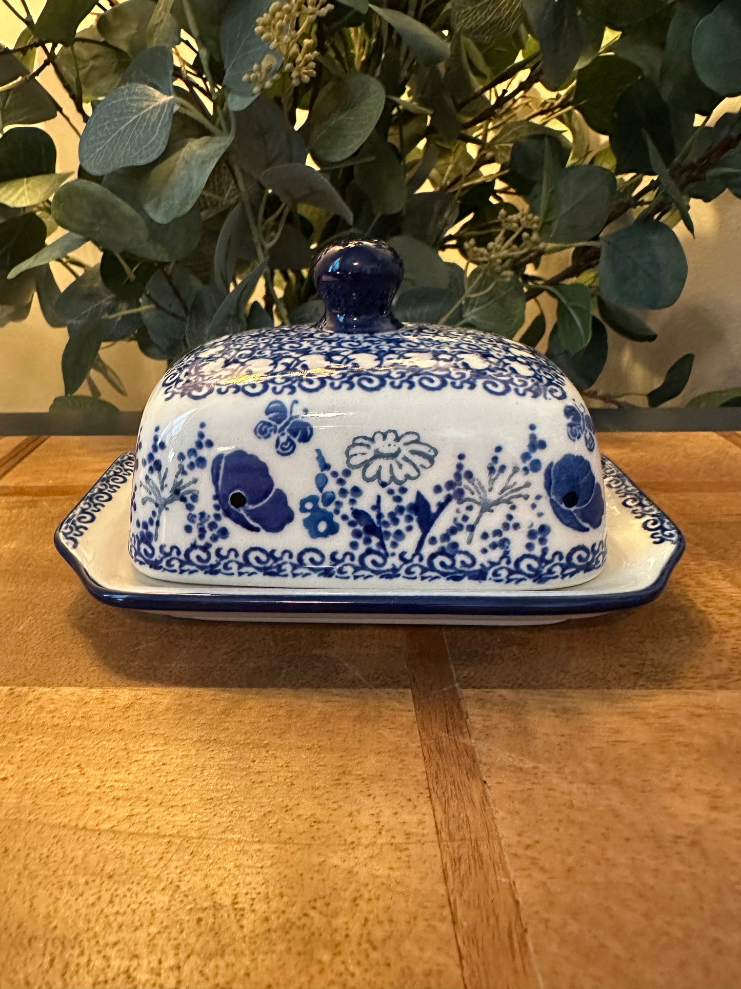 Ceramika Artystyczna Polish Pottery, Blue Poppy with Butterflies Mini Butter Dish