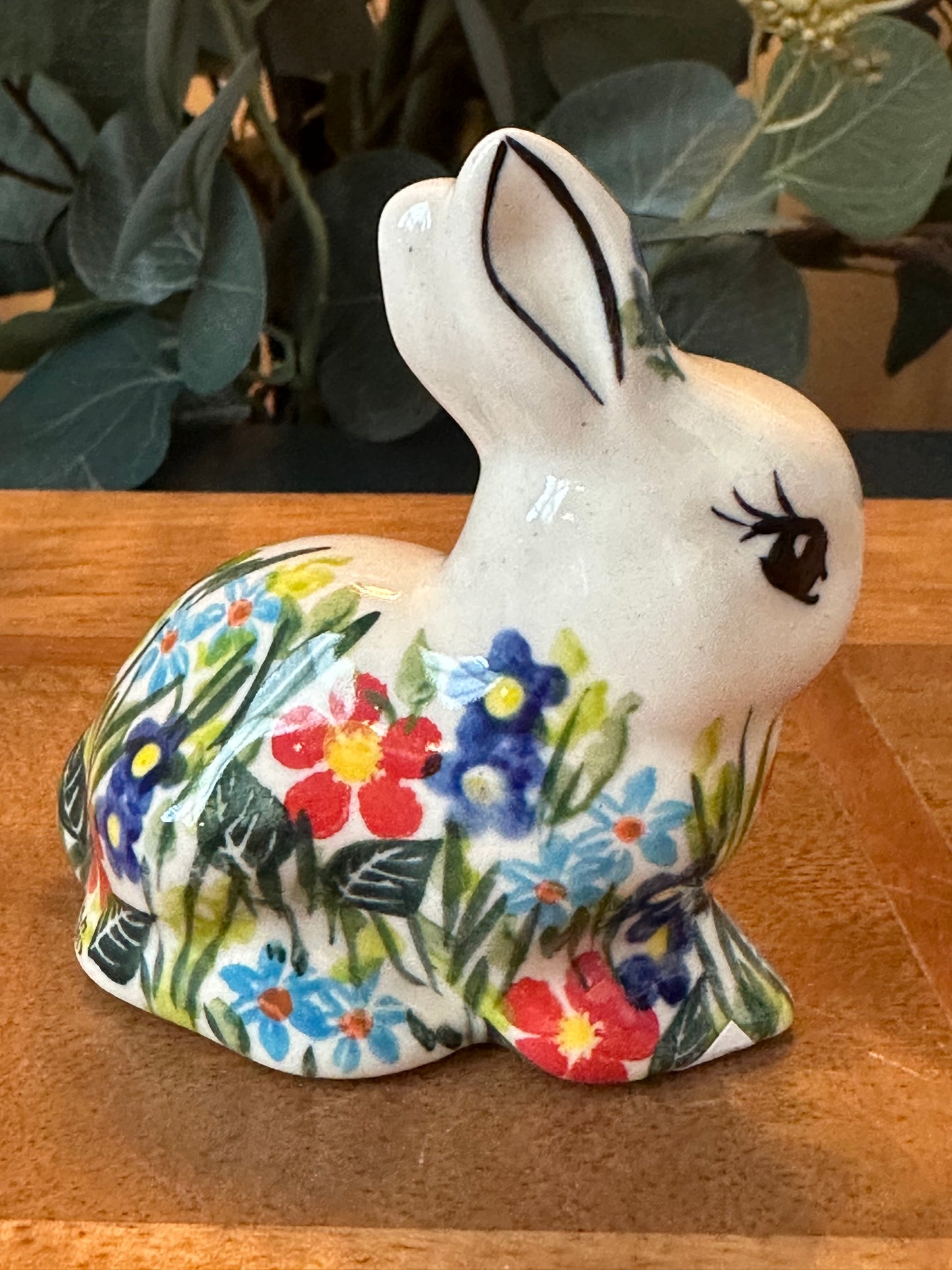 Kalich Polish Pottery, Art Level, Sitting Bunny Red, Purple, & Dark Blue Flower on Head