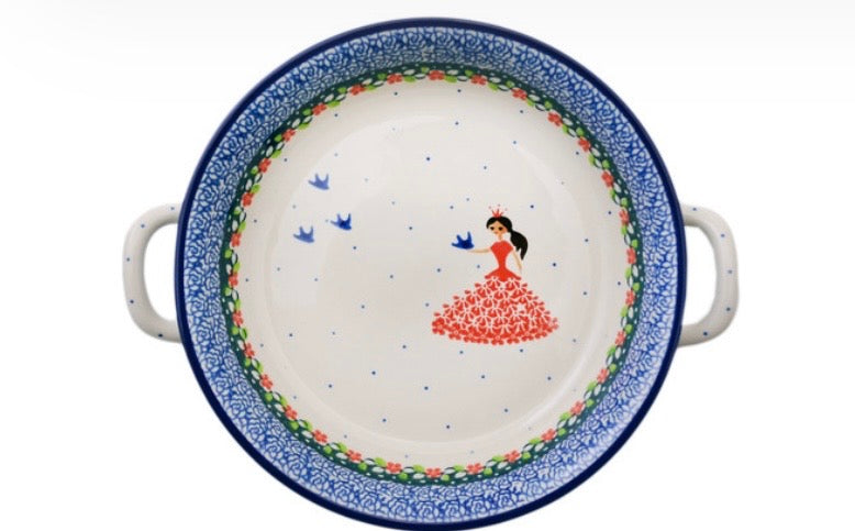 Ceramika Artystyczna, Bird Princess, Medium Round Baker with Handles