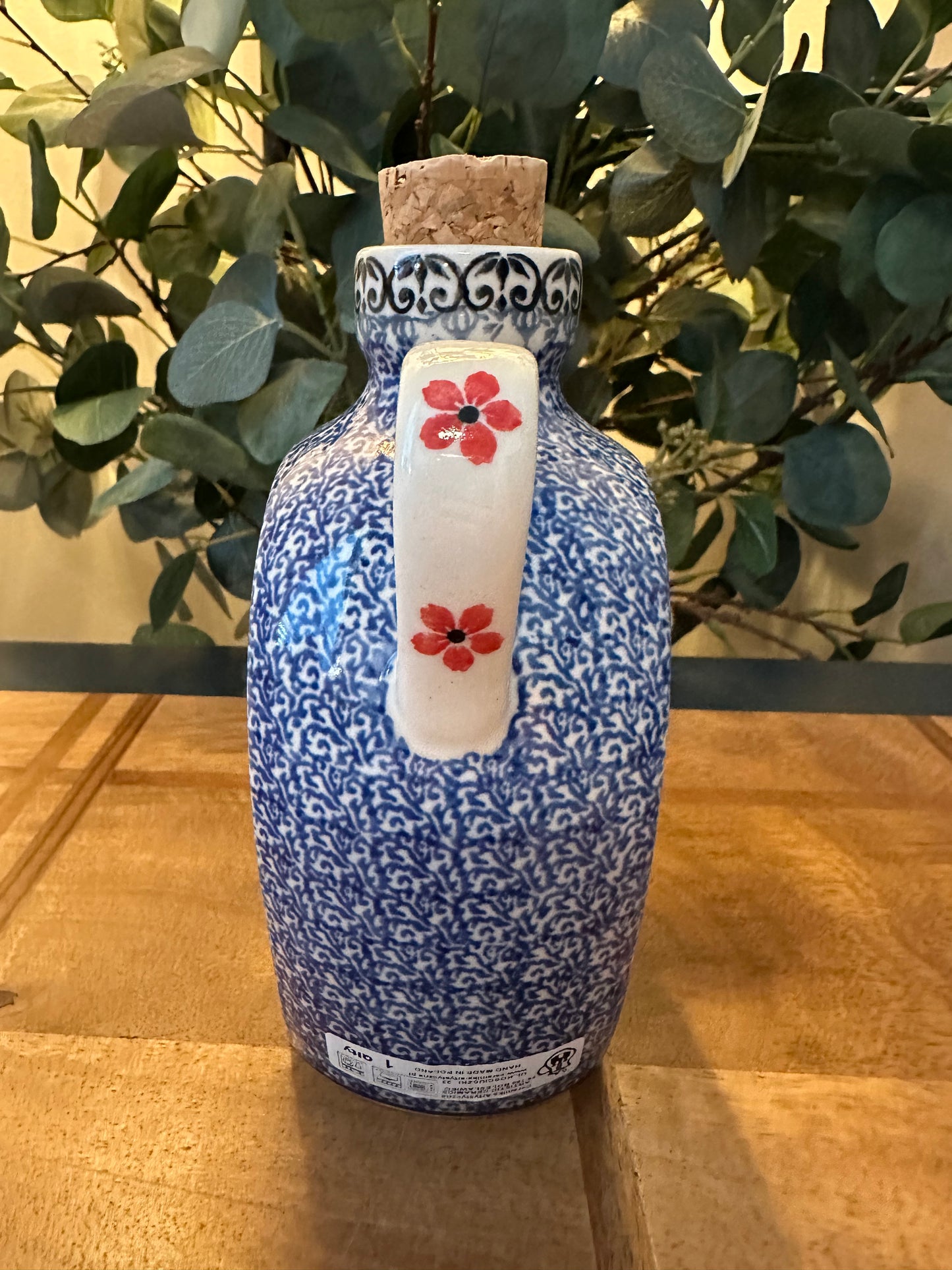 Ceramika Artystyczna Polish Pottery, Red Forget-Me-Nots, Bottle