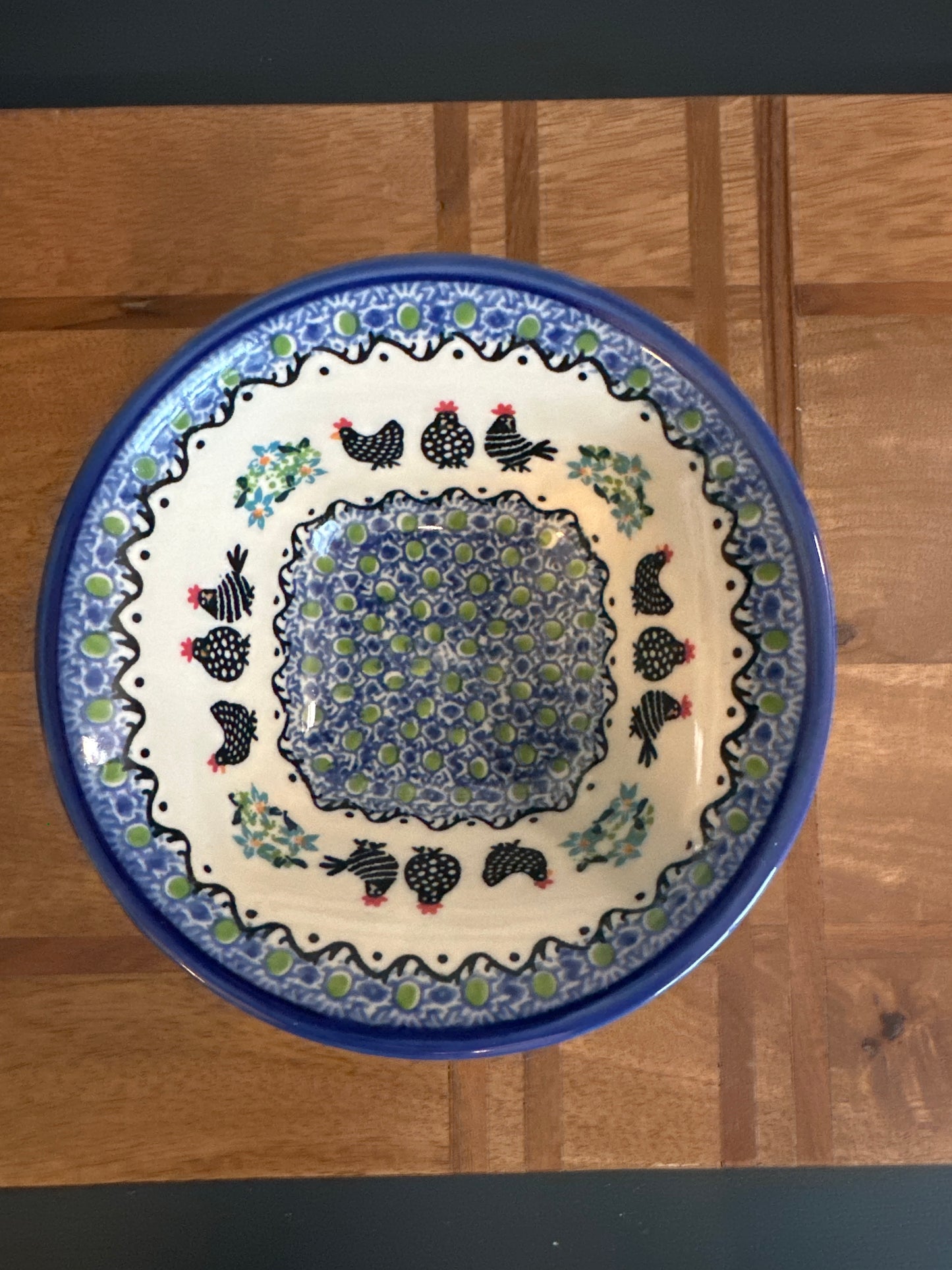 Galia Polish Pottery Black Chickens Large Pedestal Bowl