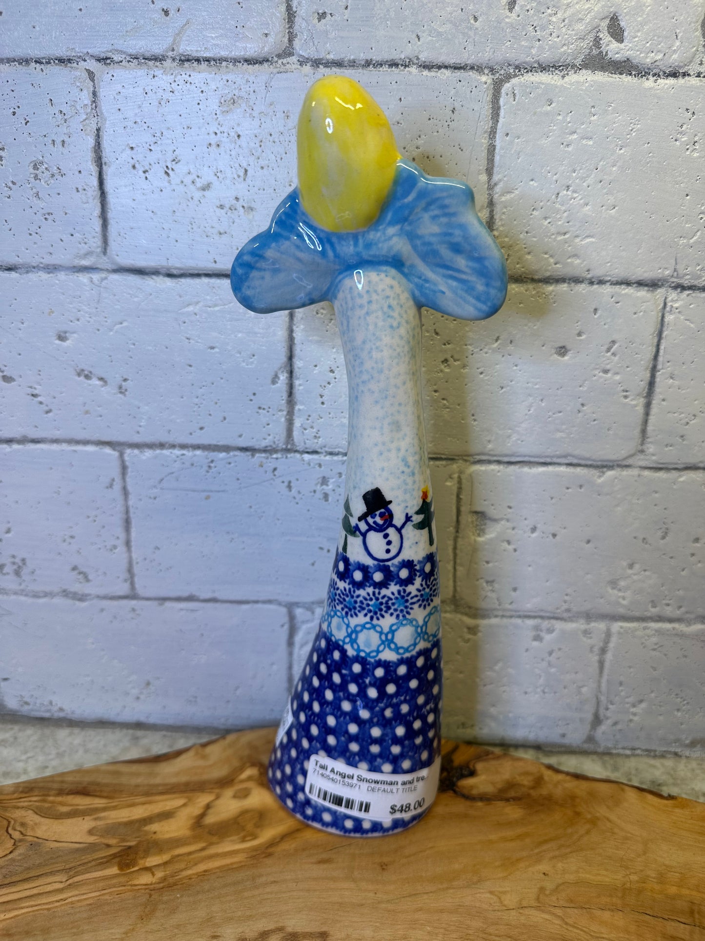 Vena Polish Pottery, Snowman and Tree Dot Rim, Tall Angel, 10.5"