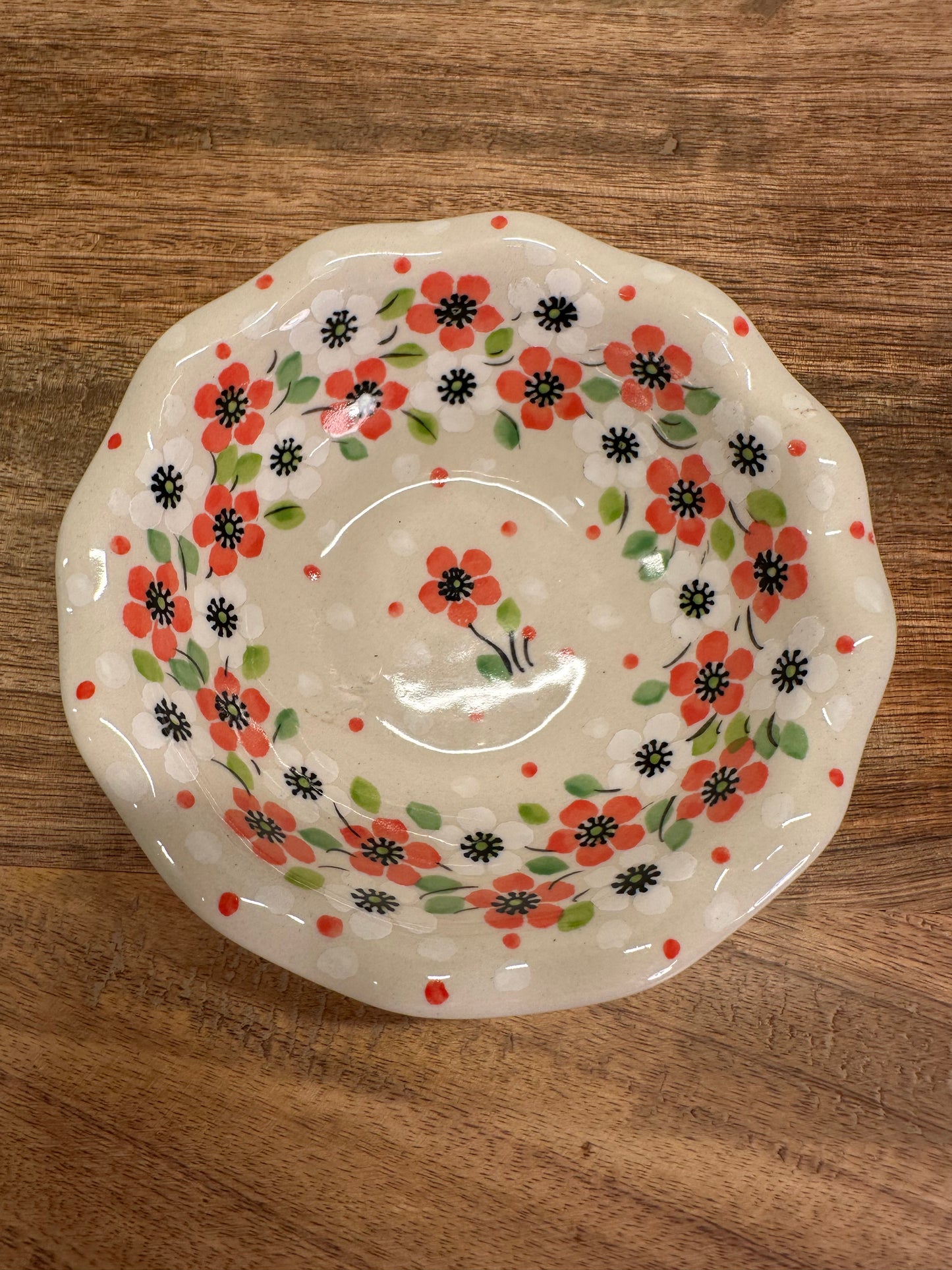 Ceramika Artystyczna Polish Pottery, Pink/White Floral w/White Dots, Scalloped Bowl