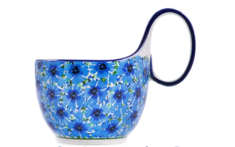 Ceramika Artystyczna Polish Pottery, Unikat Blue Bachelor Buttons, Loop Soup Mug/Bowl