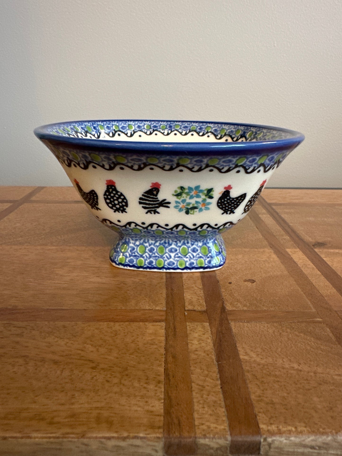 Galia Polish Pottery Black Chickens Large Pedestal Bowl