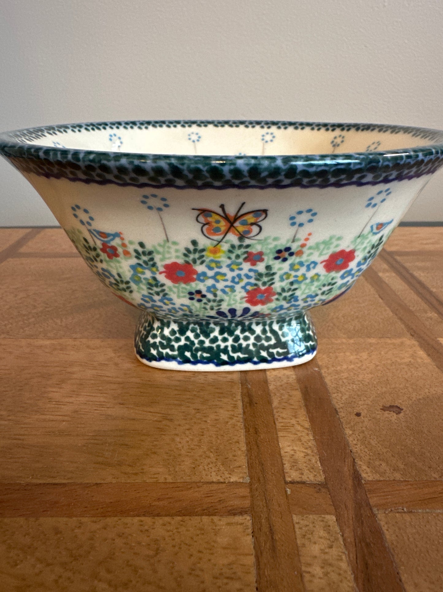 Galia Polish Pottery Wildflower with Butterfly Large Pedestal Bowl