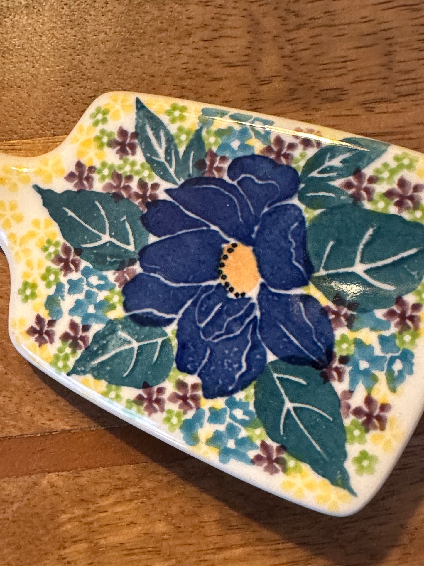 Ceramika Artystyczna Polish Pottery, Unikat Blue, Teal, Purple, Yellow, Green Flowers Spatula