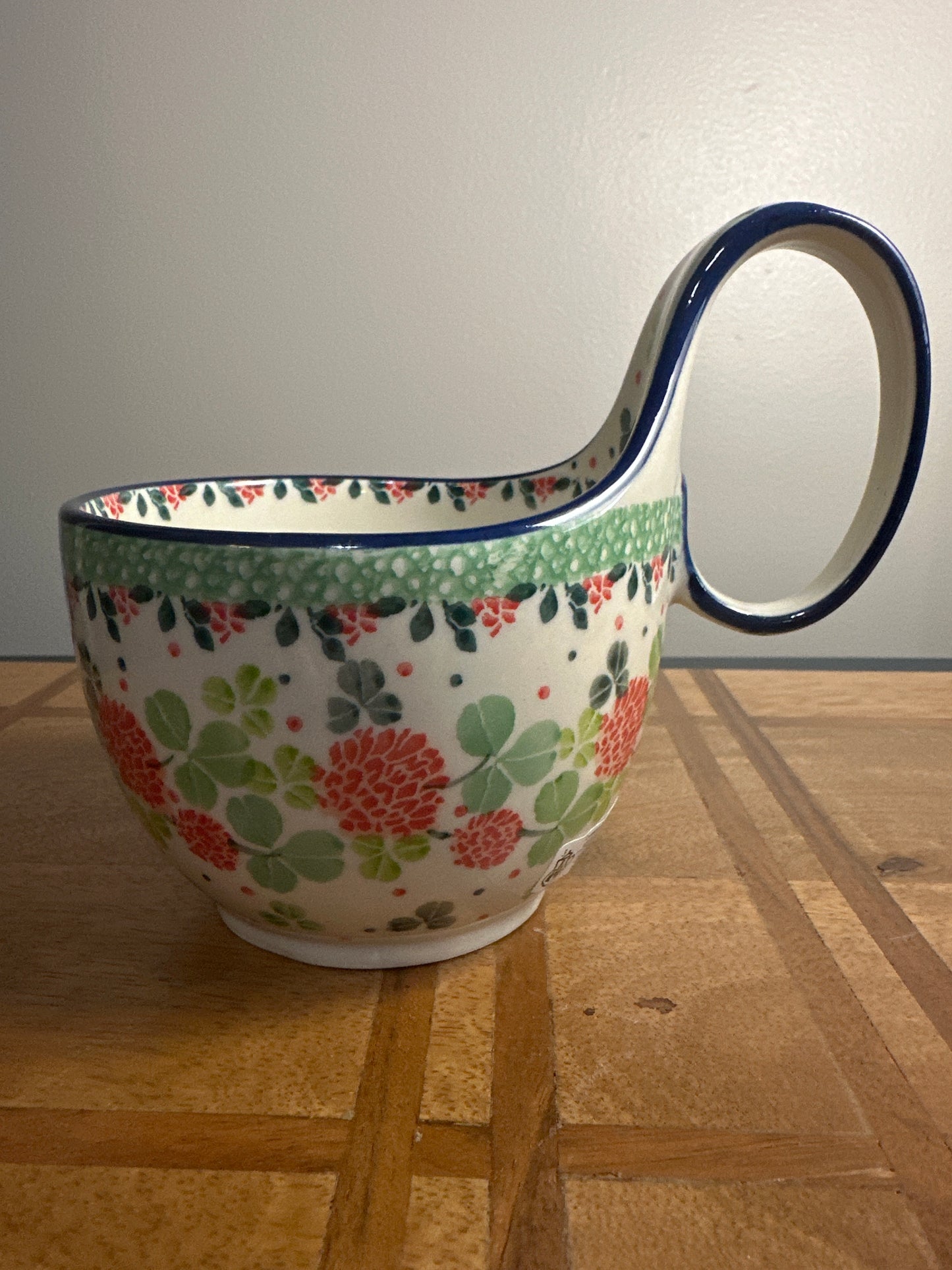 Ceramika Artystyczna Polish Pottery, Red Floral With Shamrocks Loop Mug/Soup Bowl