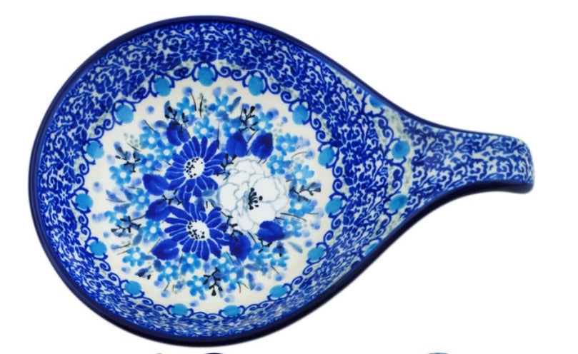 Ceramika Artystyczna Polish Pottery, Unikat Blue Wildflower Meadow, Condiment Dish/Spoon Rest