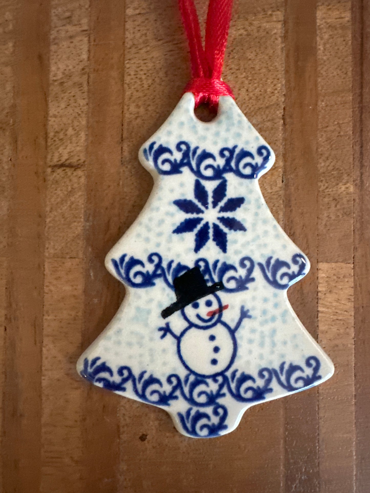 Vena Polish Pottery Snowman and Snowflake Christmas Tree Ornament