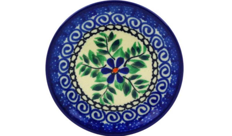 Ceramika Artystyczna Polish Pottery, Blue Daisy Swirls, Mini Plate/Coaster