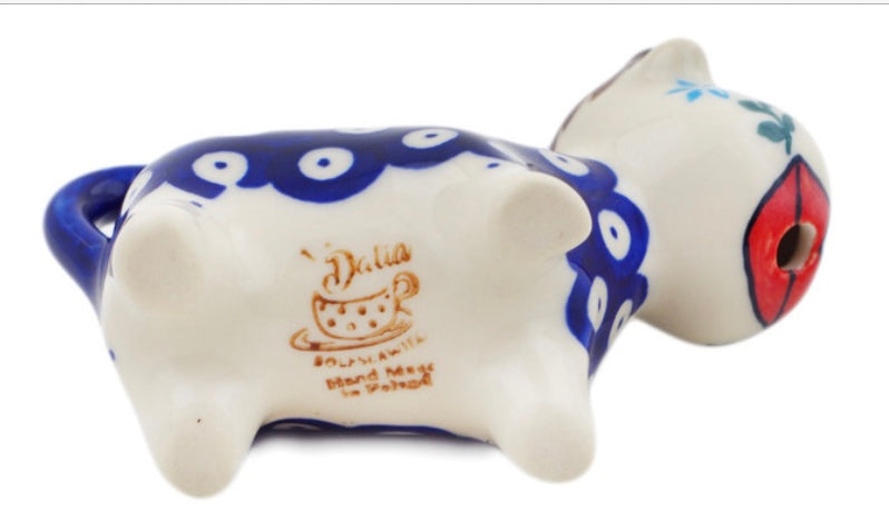 Dalia Polish Pottery, Lovely Blue Eyes, Cow Shaped Creamer, 2.3 oz