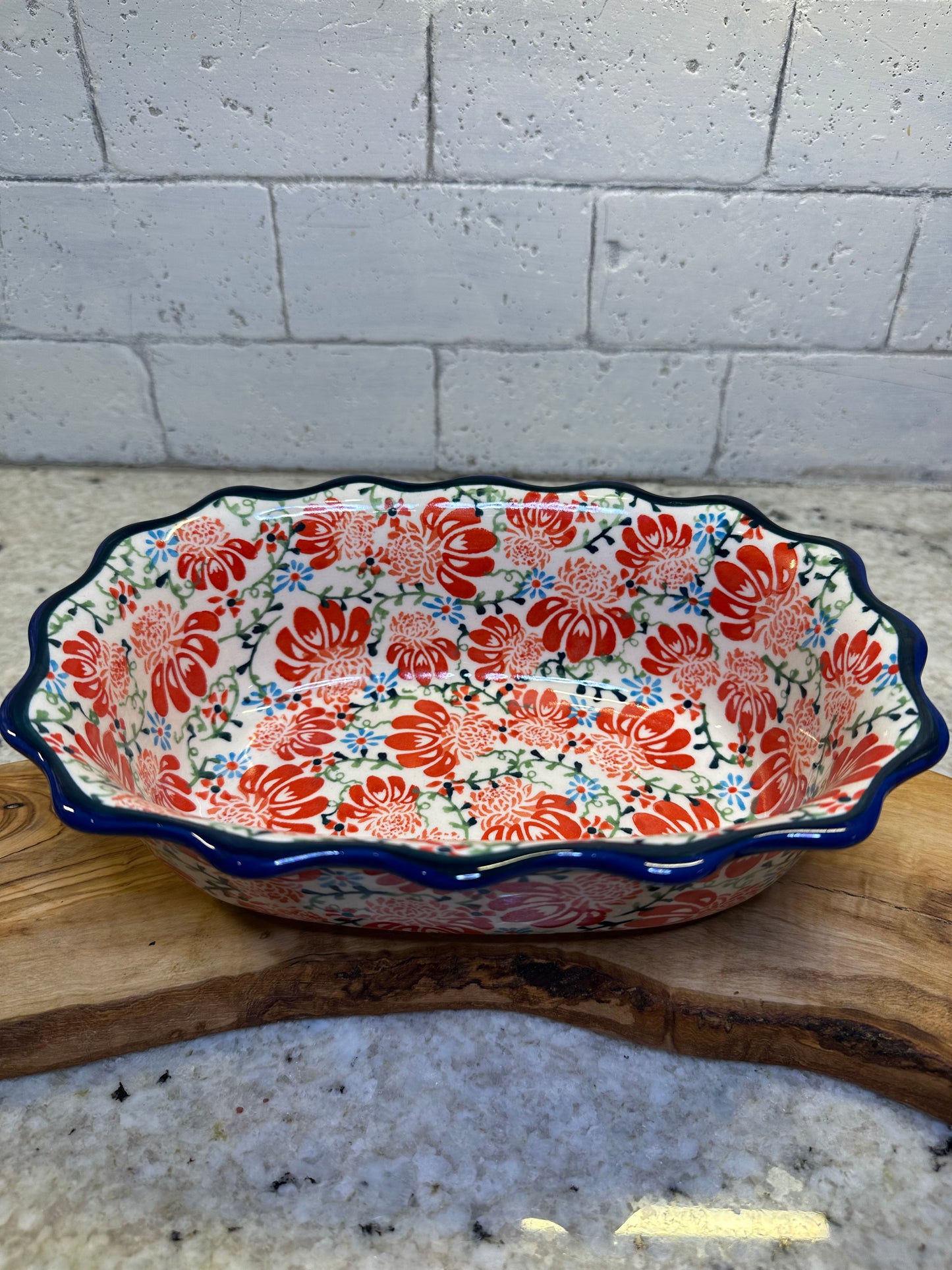 Zaklady Polish Pottery, Flower Parade, Ruffled Baker/Serving Bowl