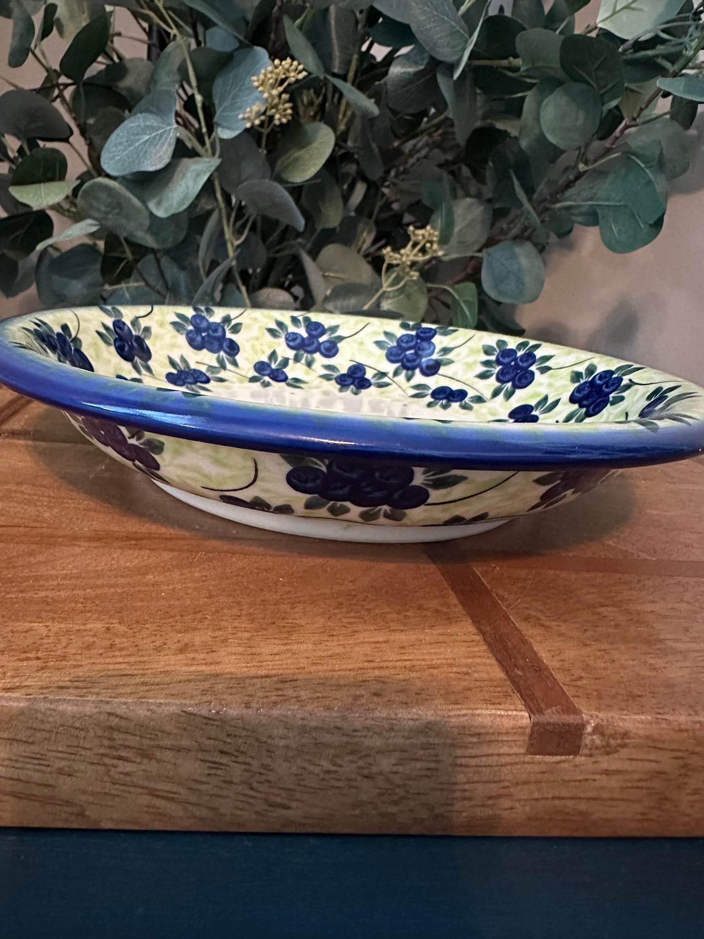Dalia Polish Pottery, Unikat 283, Blueberries Season, 9" Pasta/Serving Bowl
