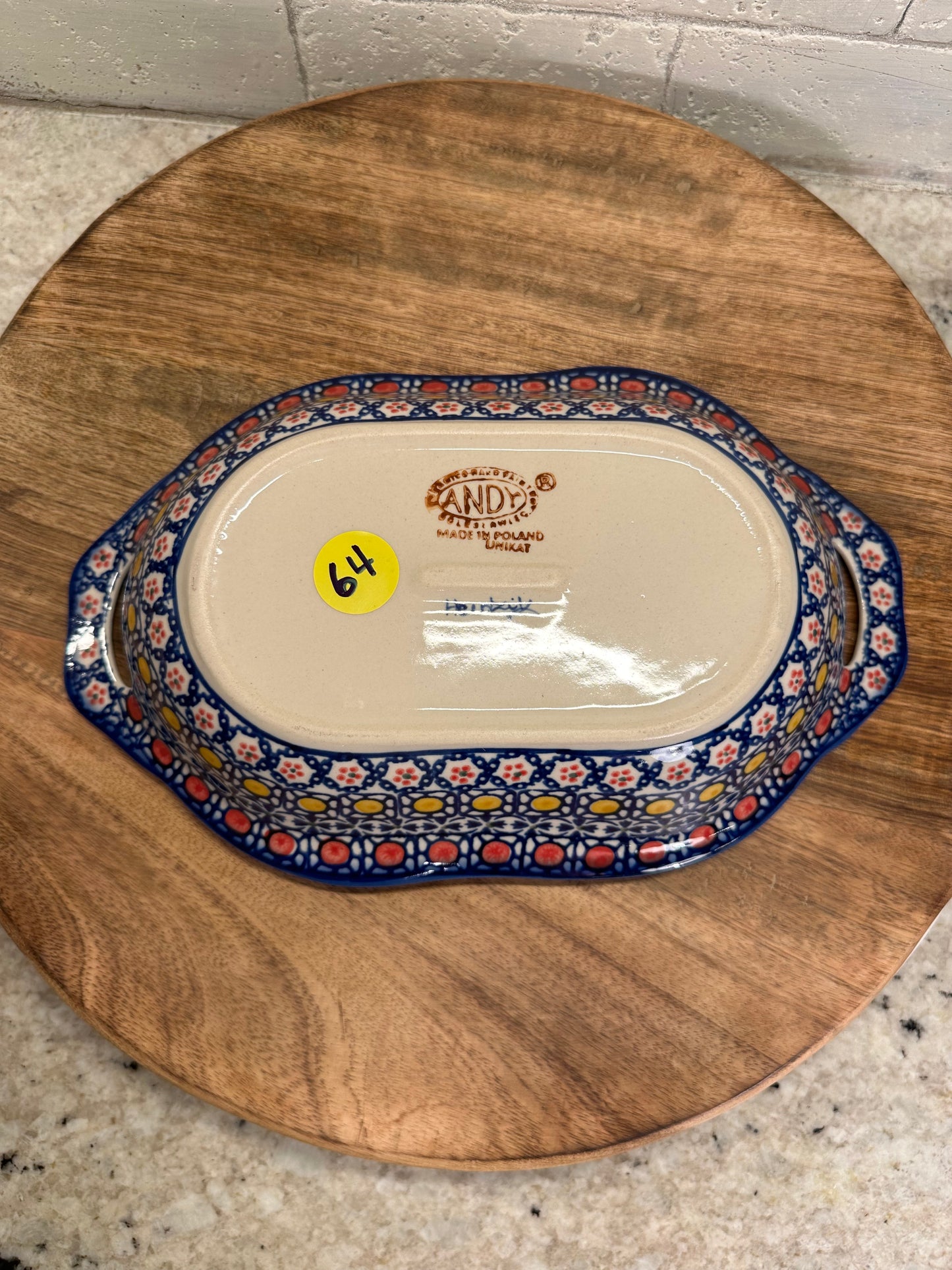Andy Polish Pottery, Signature Unikat, Handled Baker/Serving Bowl
