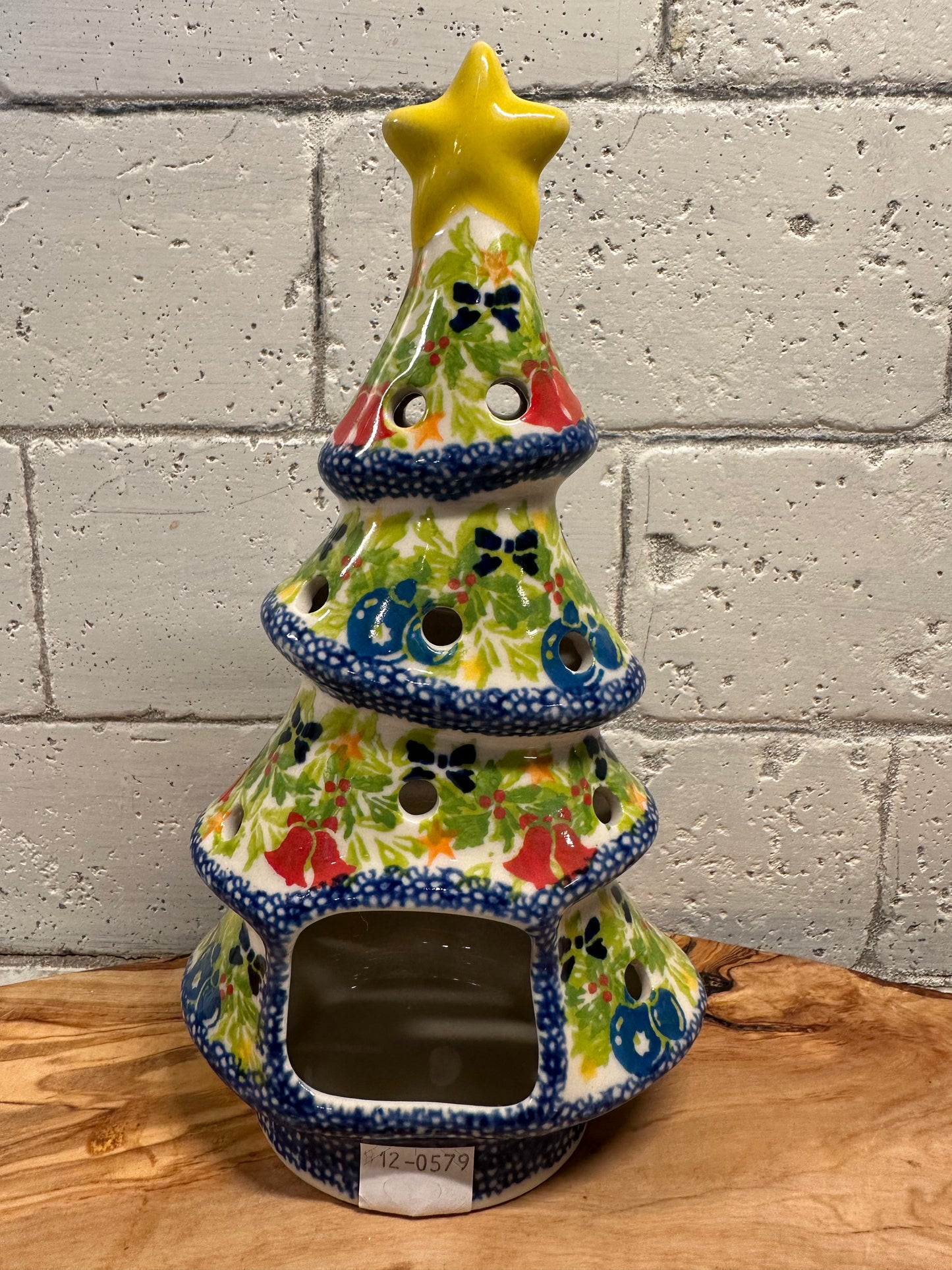 Kalich Polish Pottery, Art Level, 8" Christmas Tree Luminary with Star, Bells & Ornaments
