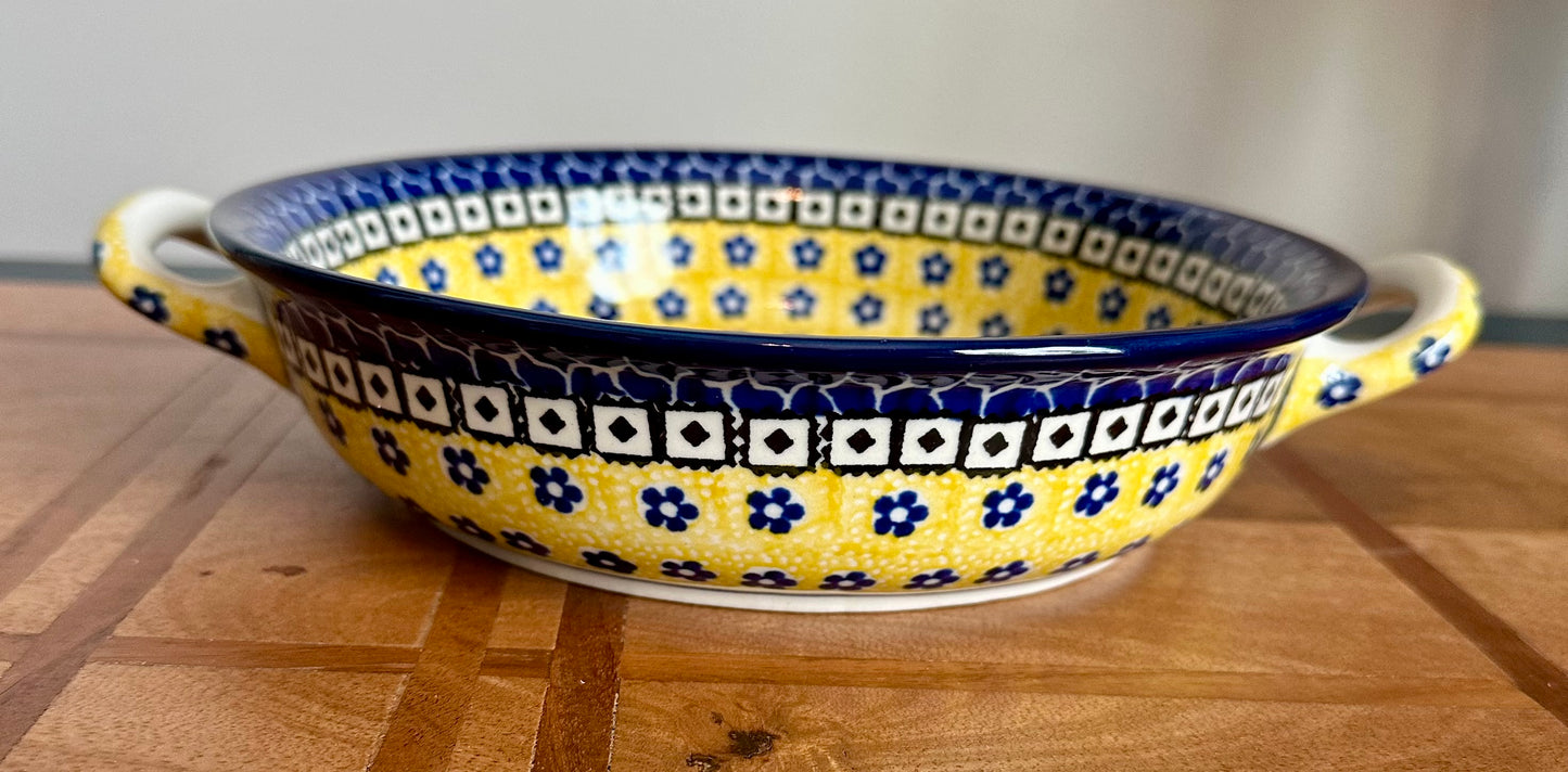 Preowned- Ceramika Artystyczna Yellow and Blue Round Baker with Handles