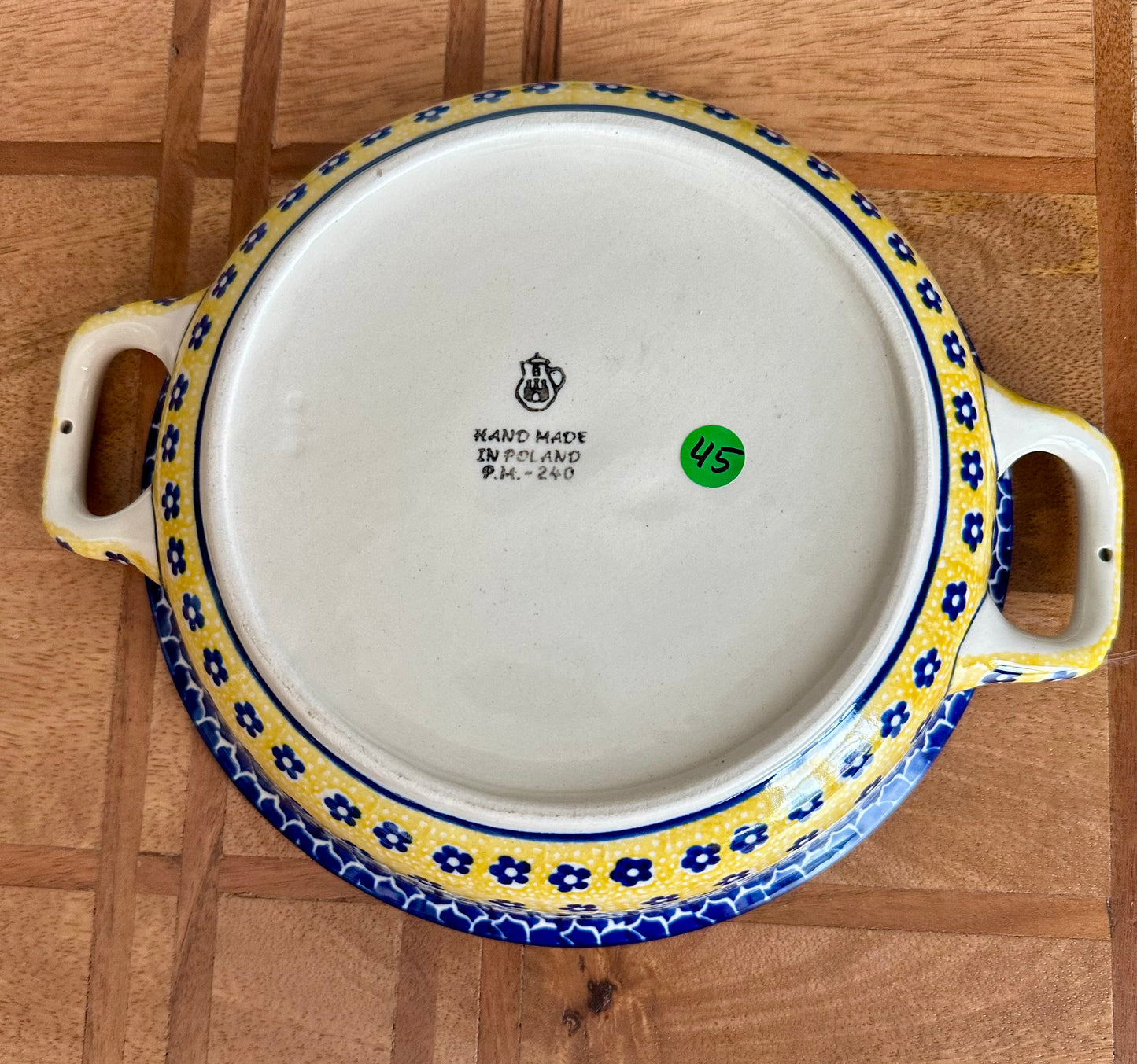 Preowned- Ceramika Artystyczna Yellow and Blue Round Baker with Handles