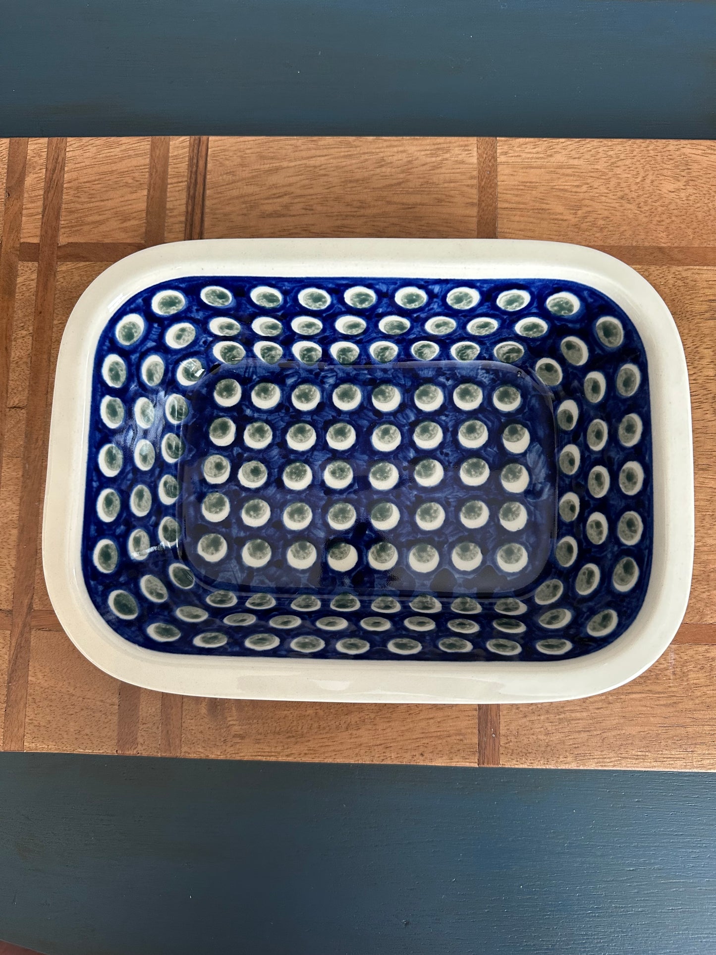Preowned- Zaklady Polish Pottery Green Dots Rectangular Baker