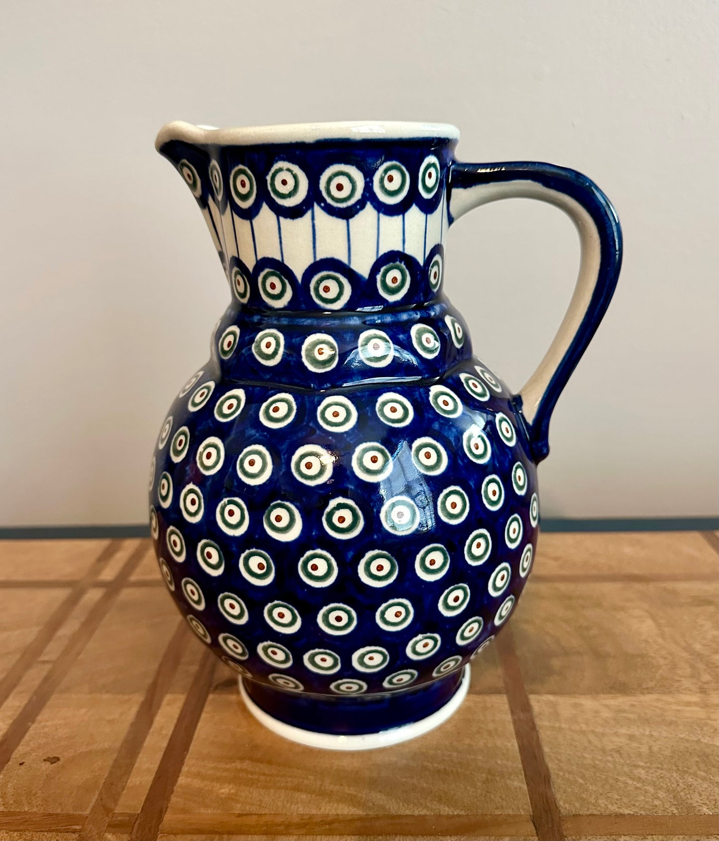 Preowned- Zaklady Polish Pottery Traditional Peacock Eyes 64 oz Pitcher