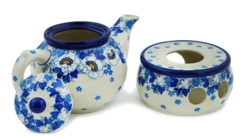 Ceramika Artystyczna, Blue Spring, Tea or Coffee Pot with Heater 15 oz.