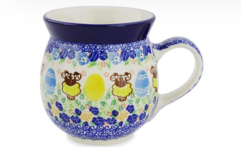 Ceramika Artystyczna, U5203, Yellow Sheep/Blue and Yellow Eggs, Large Bubble Mug