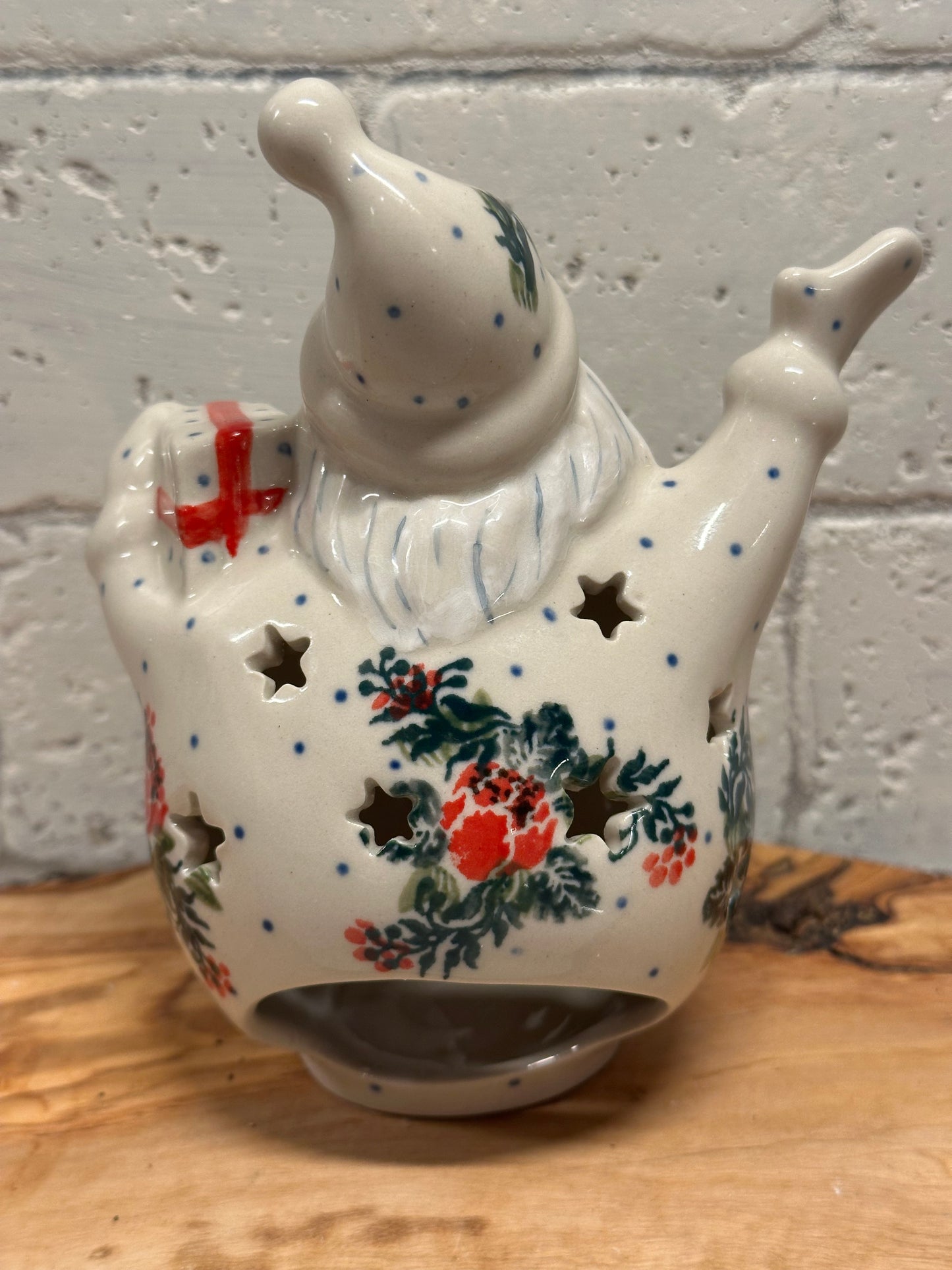 Ceramika Artystyczna Polish Pottery, Floral Waving Santa Luminary