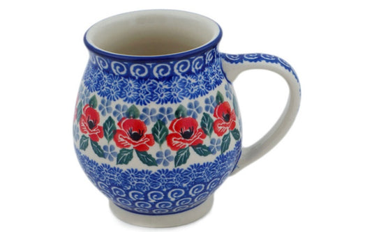 Ceramika Artystyczna Polish Pottery, Red Poppies On Blue, Bubble Mug