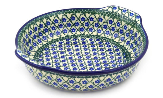 Ceramika Artystyczna, Blue Daisy Trellis, Round Baker with Handles 10"