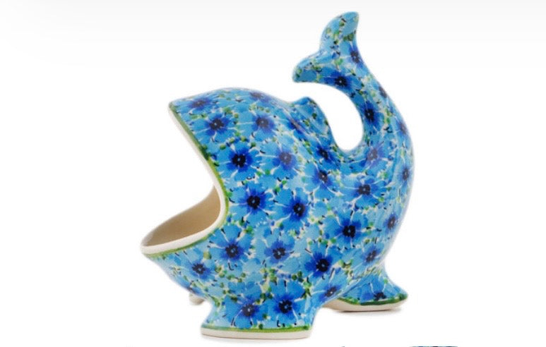 Ceramika Artystyczna, U4929, Blue Bachelor Buttons, Salt Cellar/Salt Pig/Sponge Holder Whale