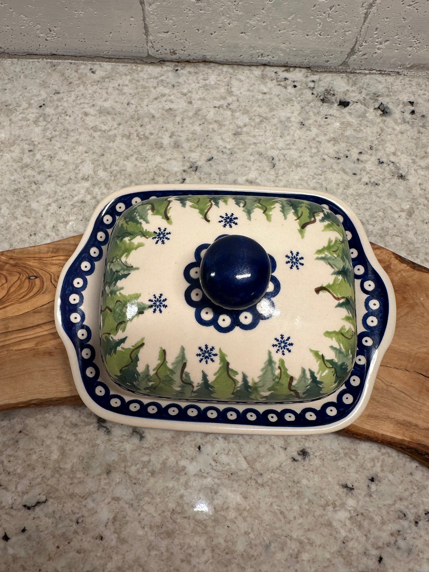 Amfora Polish Pottery, Jamie's Pine Forest & Snowflakes, European Butter Dish