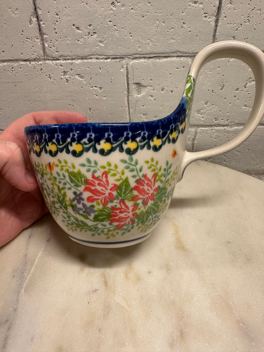 Kalich Polish Pottery, Art Level, Lavendar, Pink Flowers & Orange Butterflies, Loop Mug/Bowl