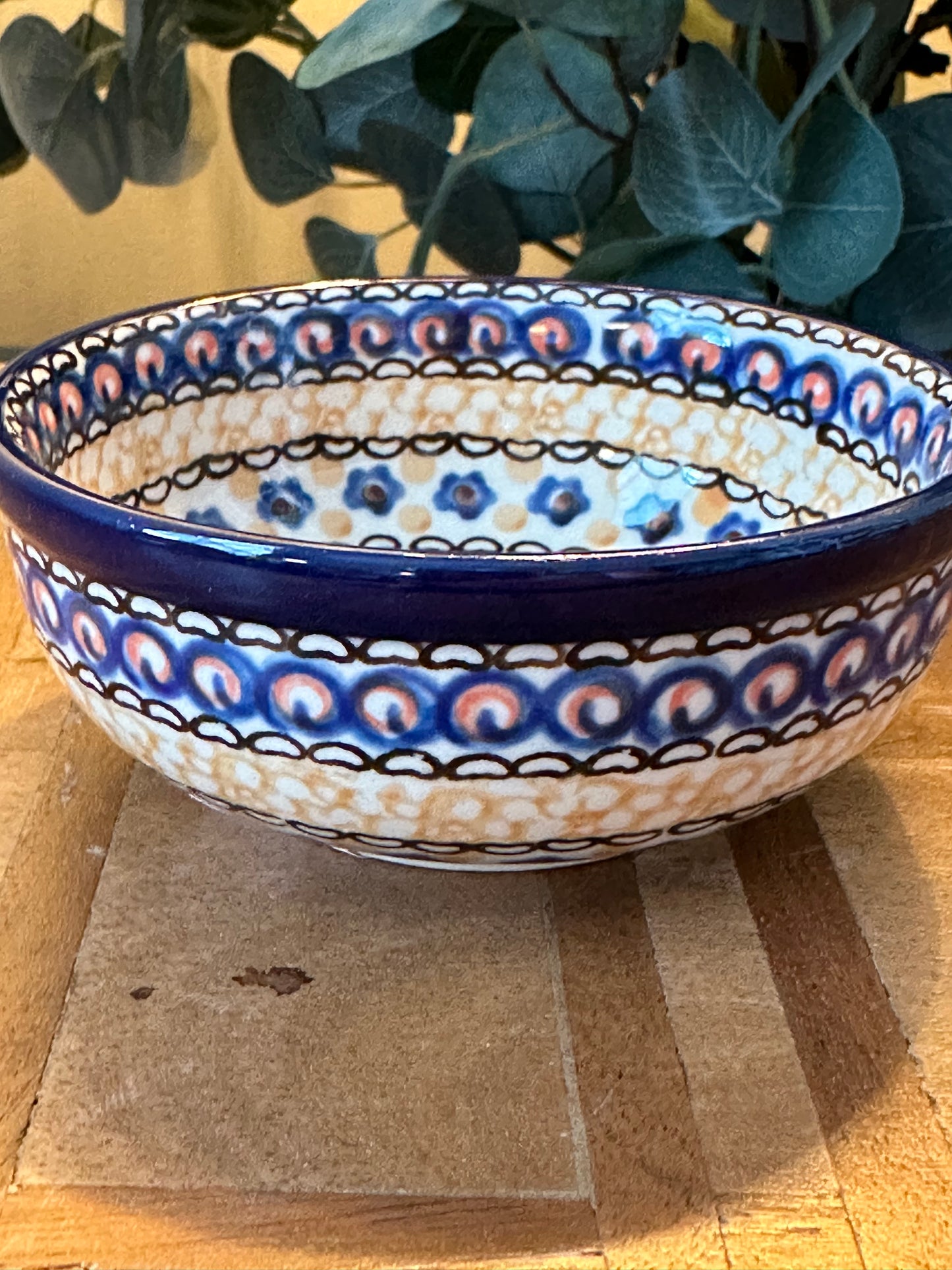 Ceramika Artystyczna Polish Pottery.  Unikat Orangish Gold Flower, 4" Dip Bowl