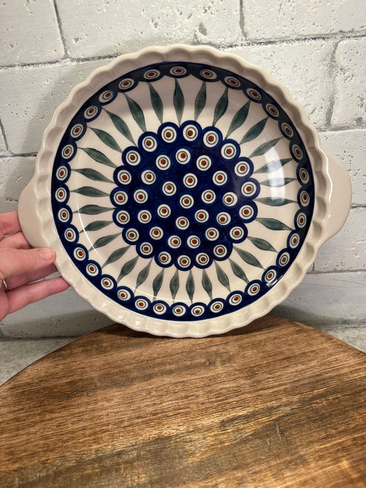 Zaklady Polish Pottery, Traditional Peacock Feather, Handled Pie Baker