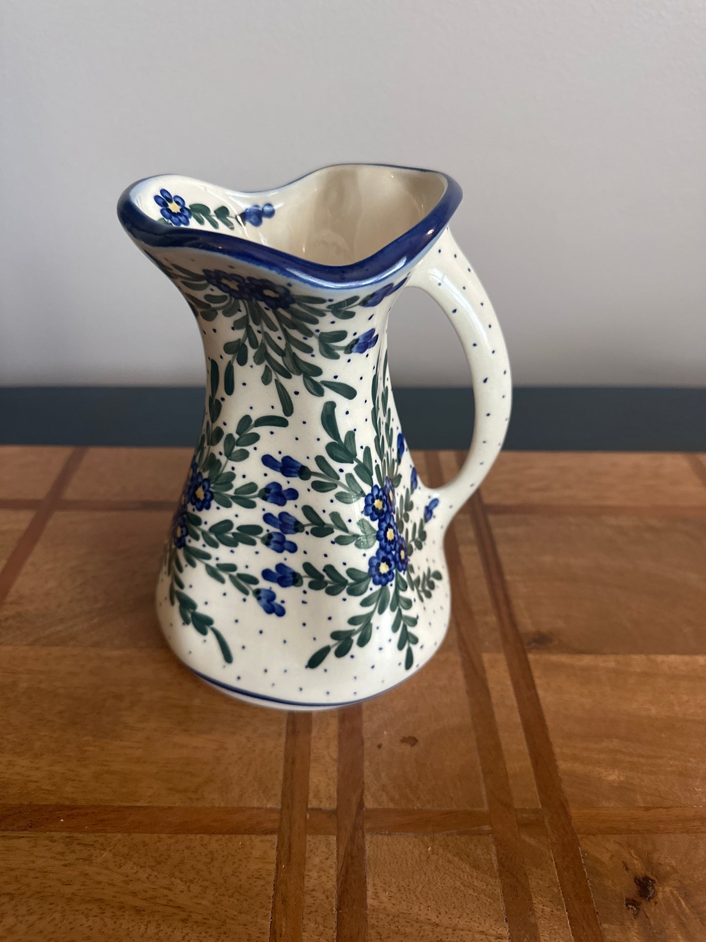 WR Polish Pottery, Signed Unikat, Preowned Blue Floral Pitcher