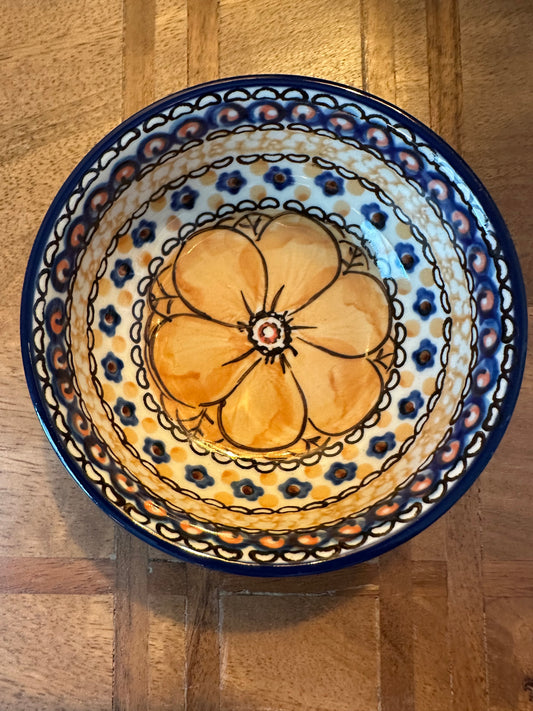 Ceramika Artystyczna Polish Pottery.  Unikat Orangish Gold Flower, 4" Dip Bowl