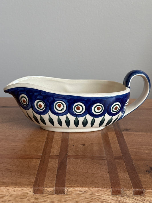 Ceramika Wiza Polish Pottery, Traditional Peacock Leaves, Preowned Gravy Boat