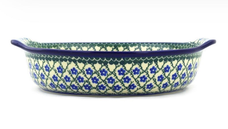 Ceramika Artystyczna, Blue Daisy Trellis, Round Baker with Handles 10"