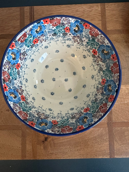 Ceramika Artystyczna Polish Pottery, Blue, Purple, & Red Floral with Trim, Bowl
