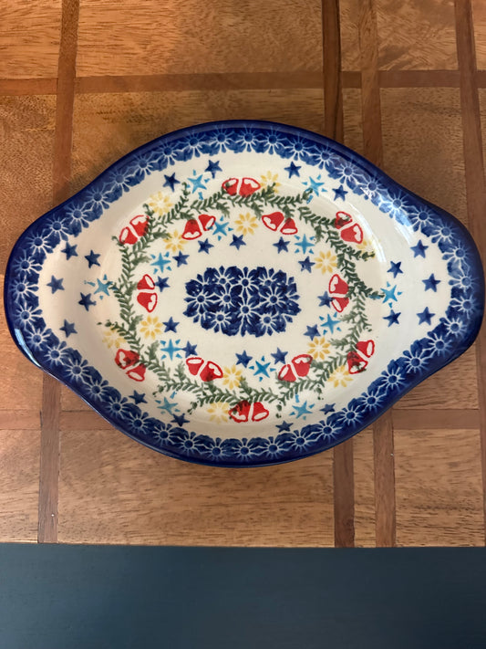 Ceramika Bona Polish Pottery, Wreath of Bells, Platter with Handles