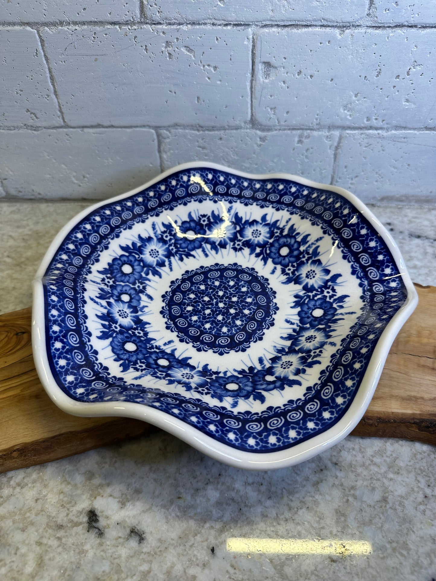 Kaola Studios Polish Pottery, Signatue Unikat, Cobalt Meadow, 9" Wavy Shallow Bowl