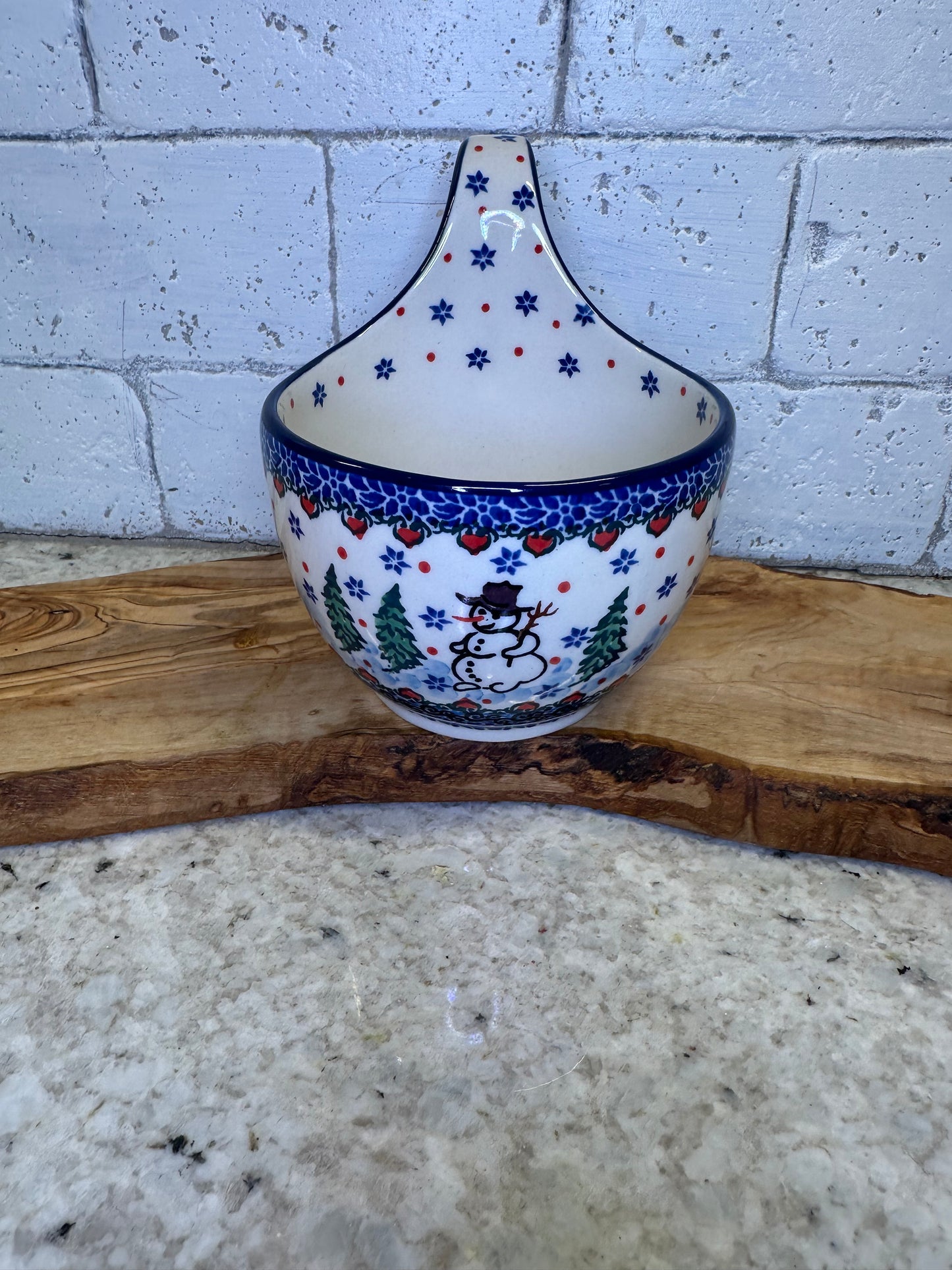 Ceramika Artystyczna Polish Pottery, Unikat 4661, Dancing Snowman, Loop Mug/Bowl